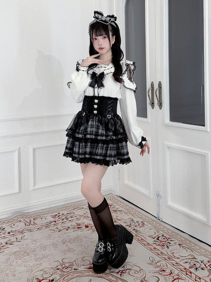 Black & White Jirai Kei Sailor-Collar Blouse with Lace Cutout Shoulders & Bow Tie - Puppet Bombs
