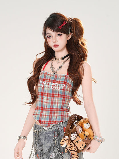 セルフタイネックバック、バックレストップ、リボン、レッドチェック柄ホルターネック