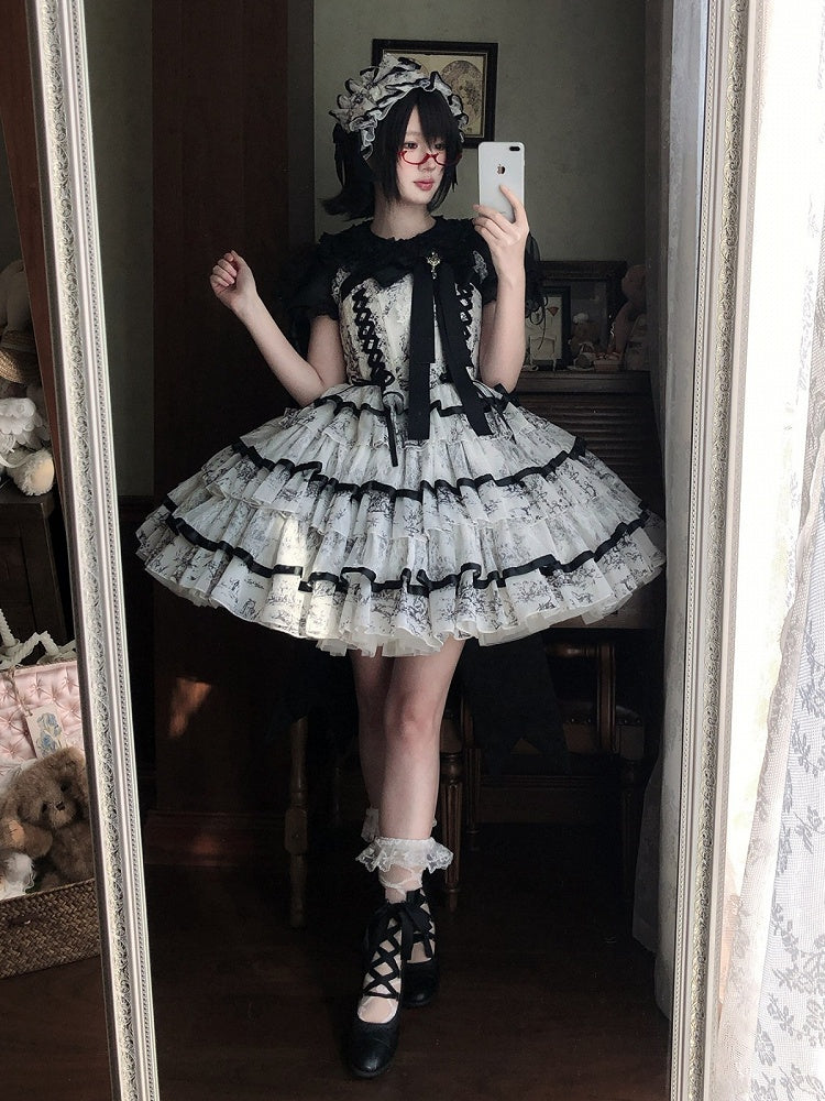 Elegant Hanayome-Style Black & White Porcelain-Inspired 92CM-Length Lolita Princess Dress - Sleepless Star