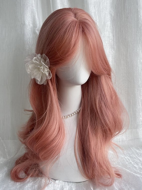 Rosa, hüftlange, gewellte Kunsthaarperücke mit Vorhangpony