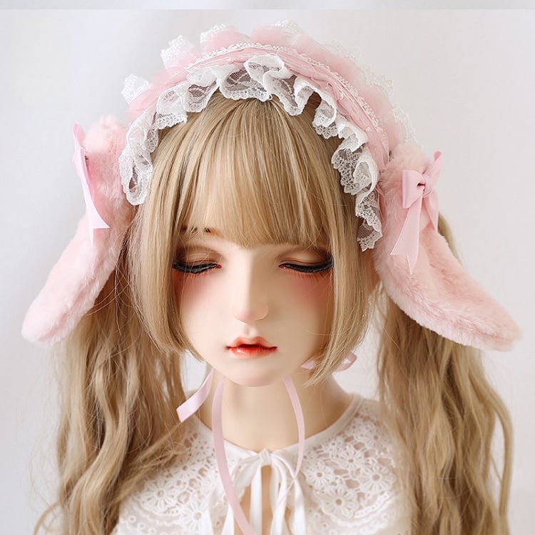 8 Colors Cute Lolita Lace Hairband With Detachable Bowknot And Plush Bunny Ears