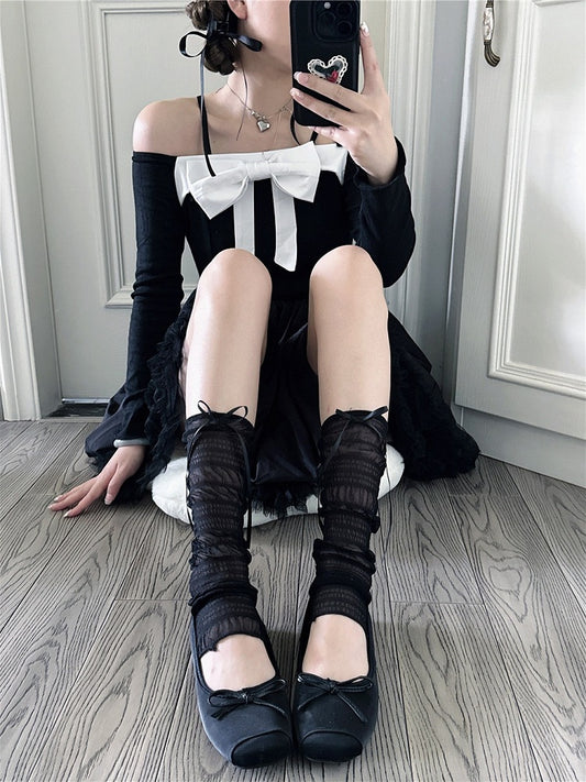Design Socks Style Sweet Details Stacked Black/White Bowknot Lolita