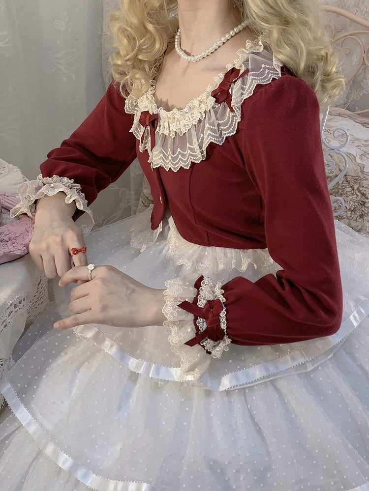 Weihnachts-Cropped Vibes Cardigan mit Spitzenschleife in Rot