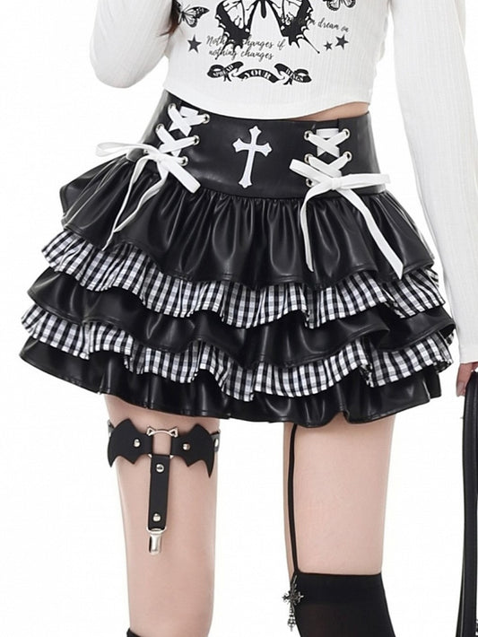 Plaid White Tiered Mini with Punk Lacing Black Skirt PU Crisscross