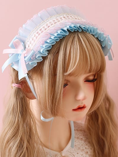 Pink Lolita Hairband Lace and Fresh Cute Blue Bowknot
