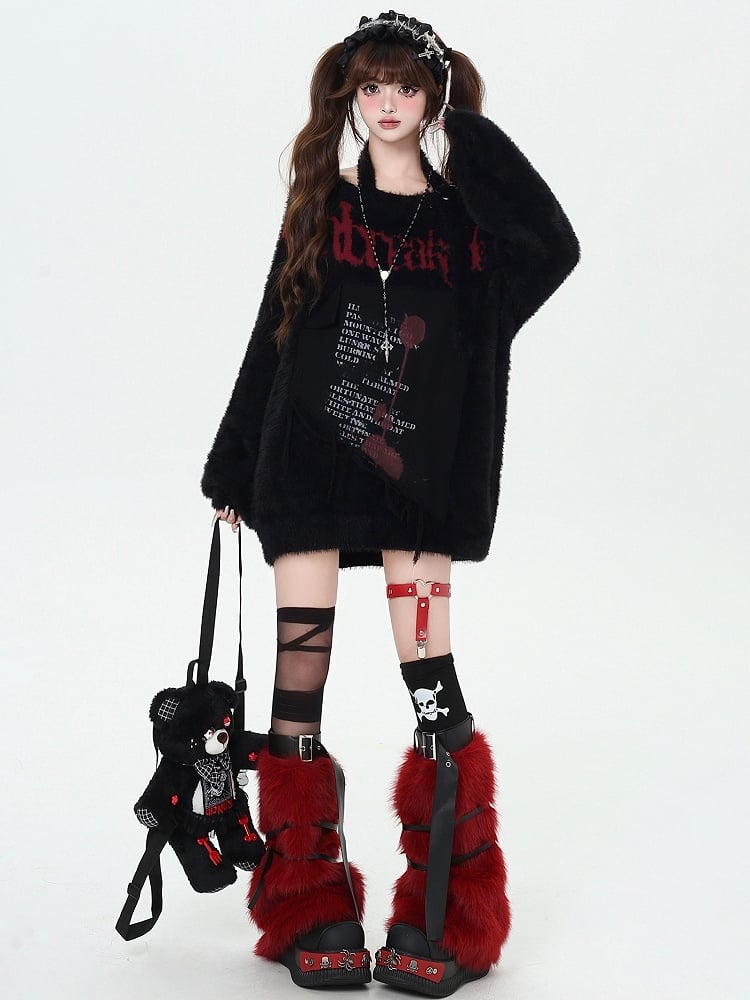 Black/Wine Red/Purple Letter Graphic Halter Neck Loose Sweater