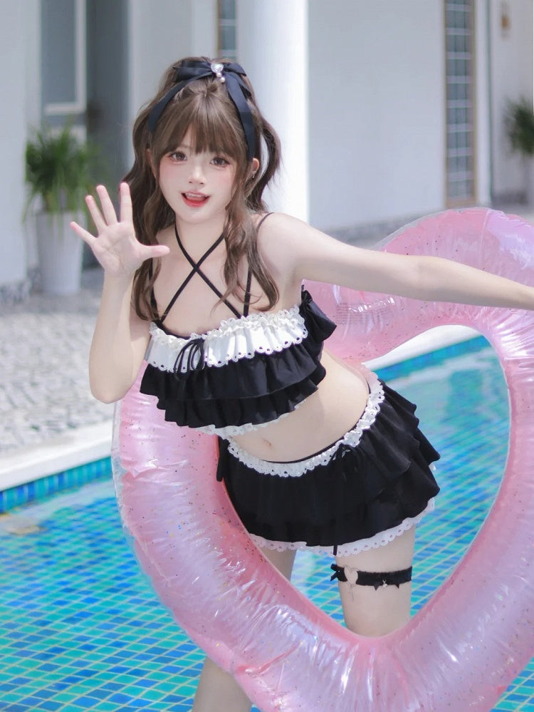 リボンディテール レーストリム 水着 ブラック ティアードフリル