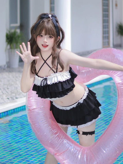 リボンディテール レーストリム 水着 ブラック ティアードフリル