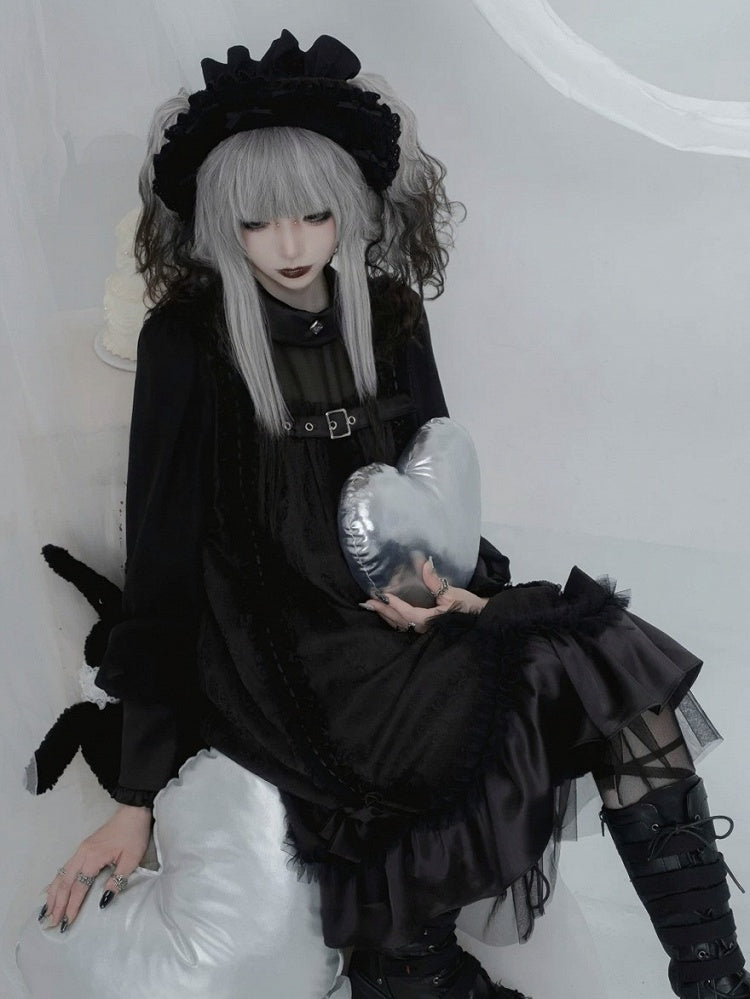 Black Gothic Lolita Pleated Dress with Round Collar, Lace and Metal Accents - Kuroya