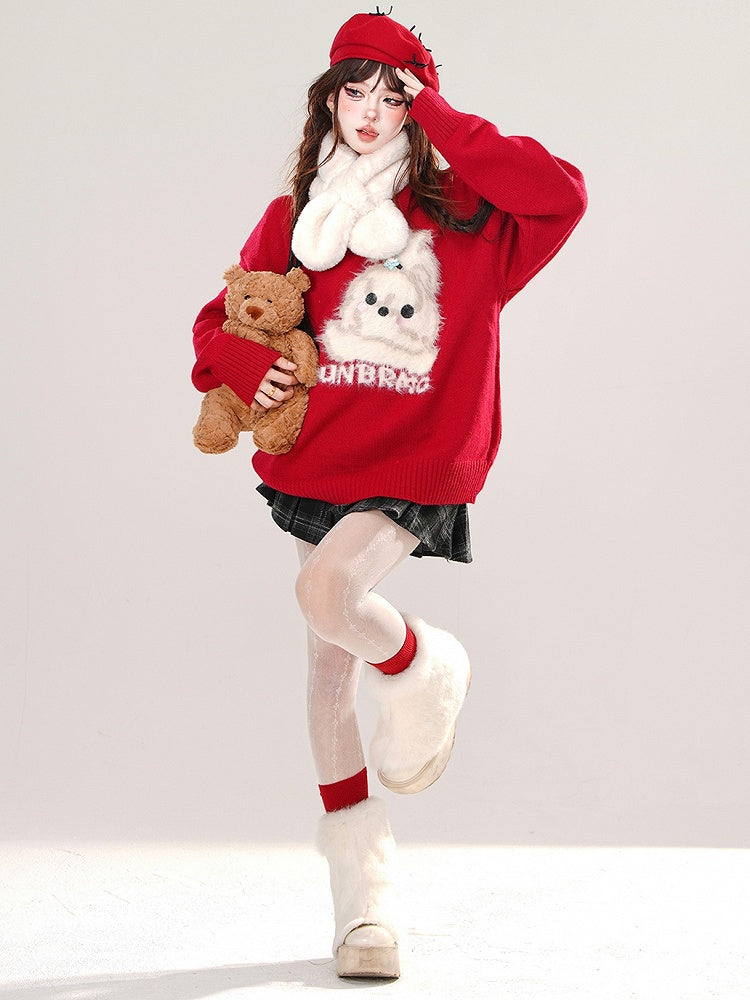 ミルクイエロー/ブラック/レッドのキュートな子犬柄のゆったりセーター