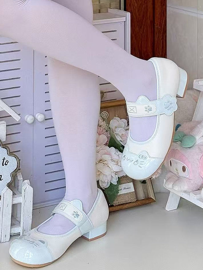 Velcro PU Ear Strap Sweet Closures in Low-heel Janes Accent Paw Kitty Details Blue Lolita Mary