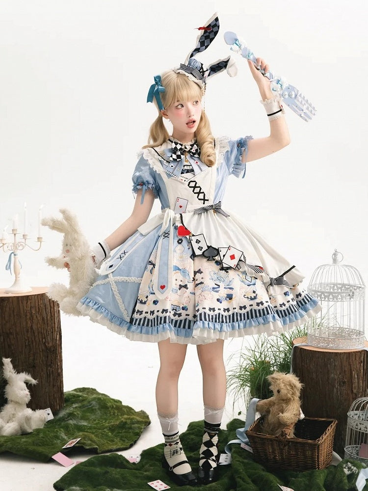Sweet Lolita Apron Dress OP Full Set with Bunny & Teapot Print in Blue - Ying Luo Fu