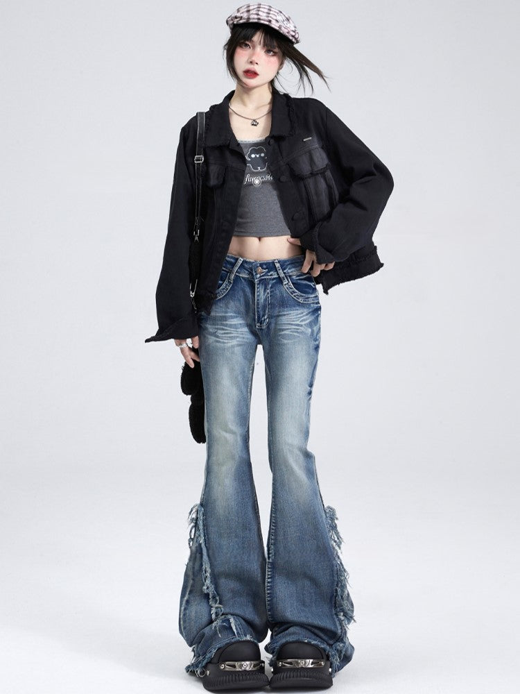 with Raw Slimming Seams Blue Side Jeans Hem Flare Fit Floor-Length