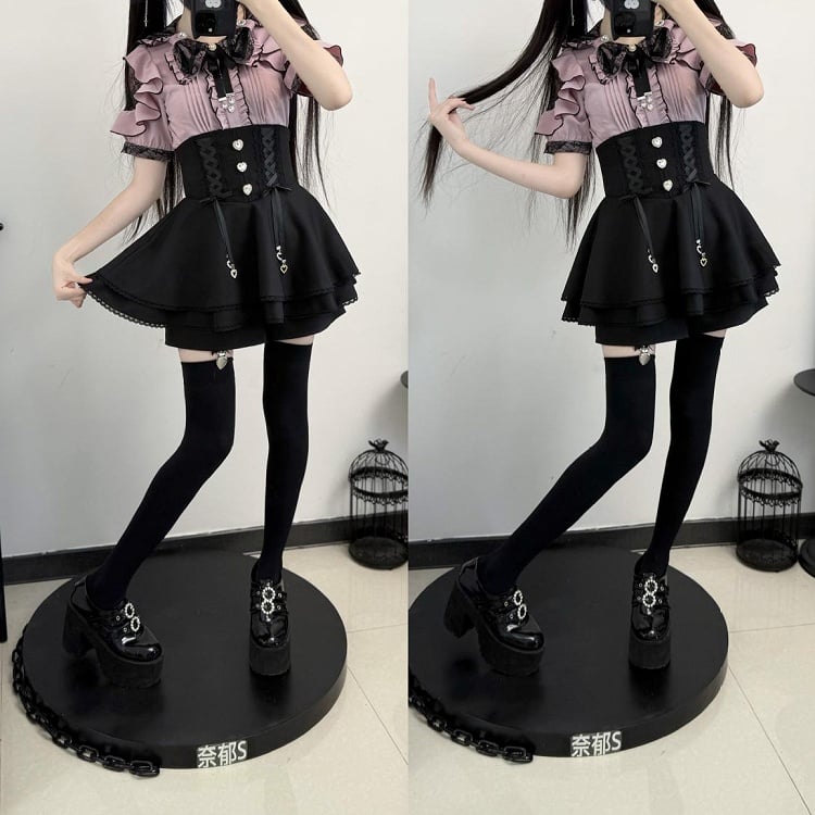 Schwarze Spitze, Double Kei Cutouts, Schleife, Blusenkragen im Jirai-Stil und Schulter lila