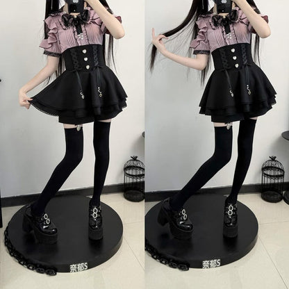 Black Lace Double Kei Cutouts Bow Blouse Collar Jirai Style and Shoulder Purple