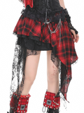 Gothic Asymmetrical Red Plaid Tiered Skirt with Cascading Lace Ruffle Trim and Chain Accents
