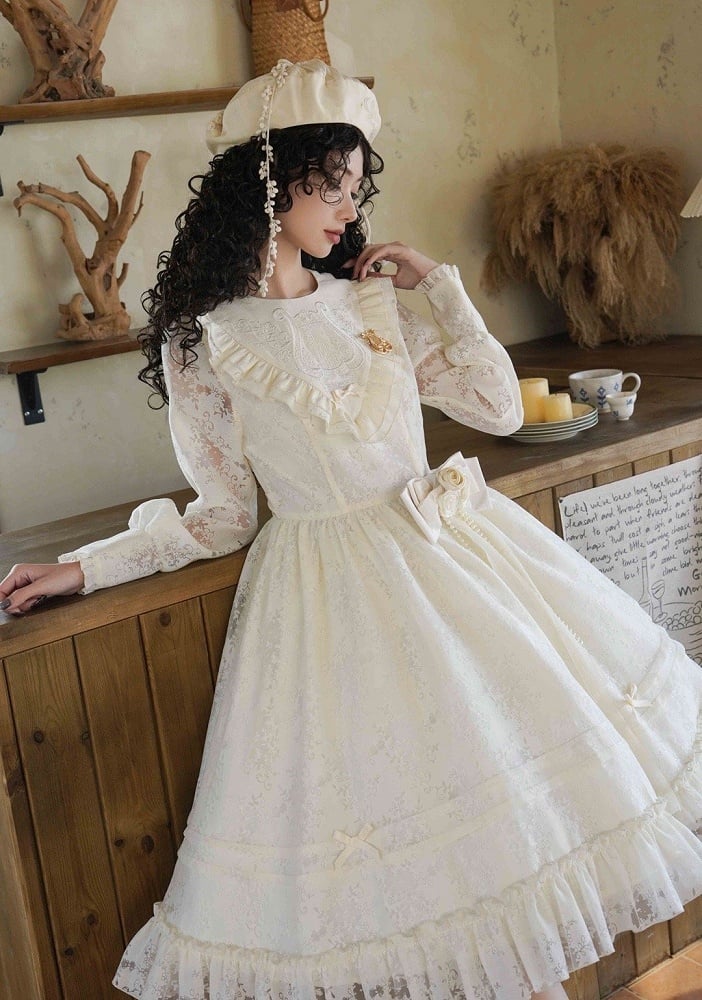 Beige Harp Embroidery Spring Semi-sheer Long Sleeves Elegant Classic Lolita Dress