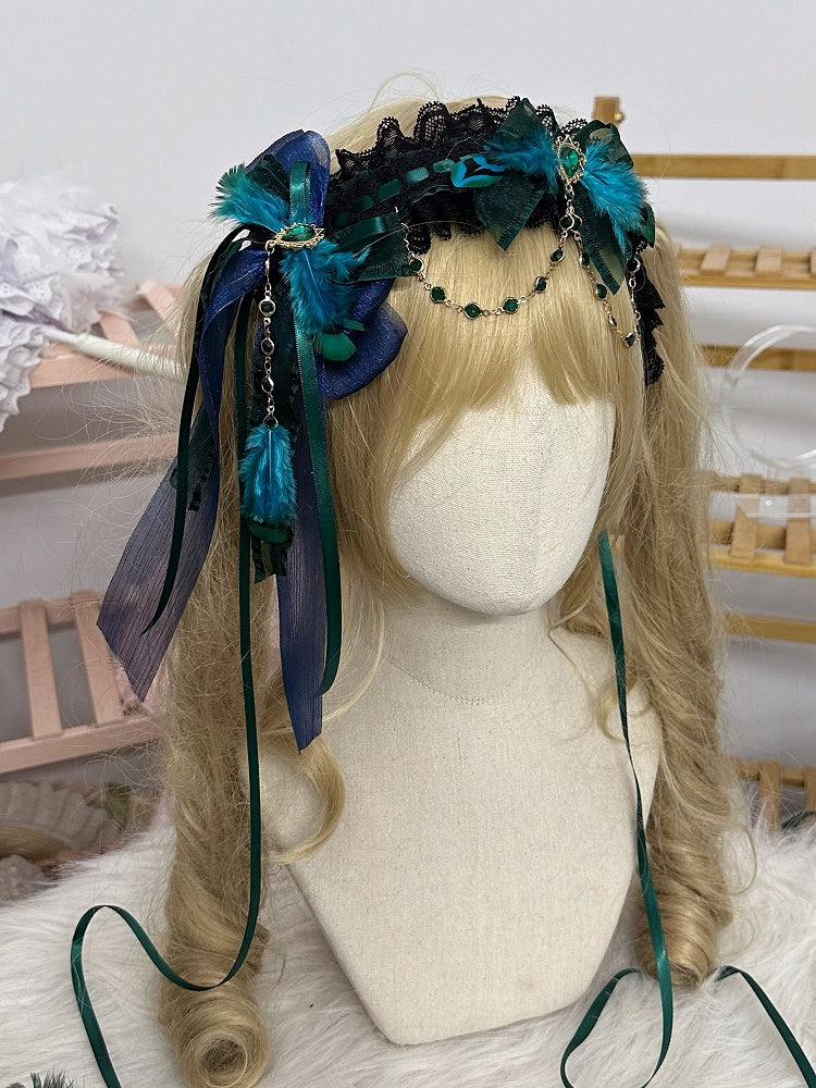 Feather Charm Lolita Green Hairclip Bow Peacock Double-Layer