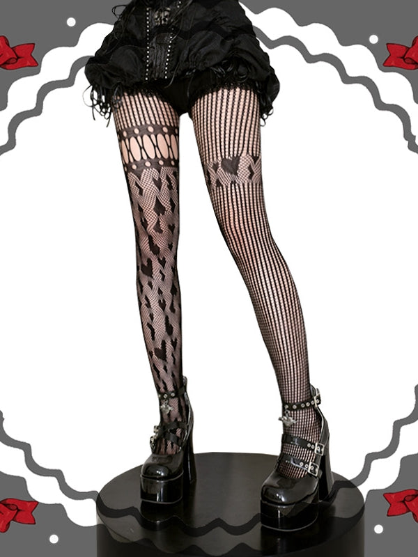 ブラック/レッド/ホワイトハート柄アシンメトリーフィッシュネットタイツ
