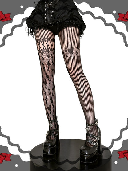 ブラック/レッド/ホワイトハート柄アシンメトリーフィッシュネットタイツ