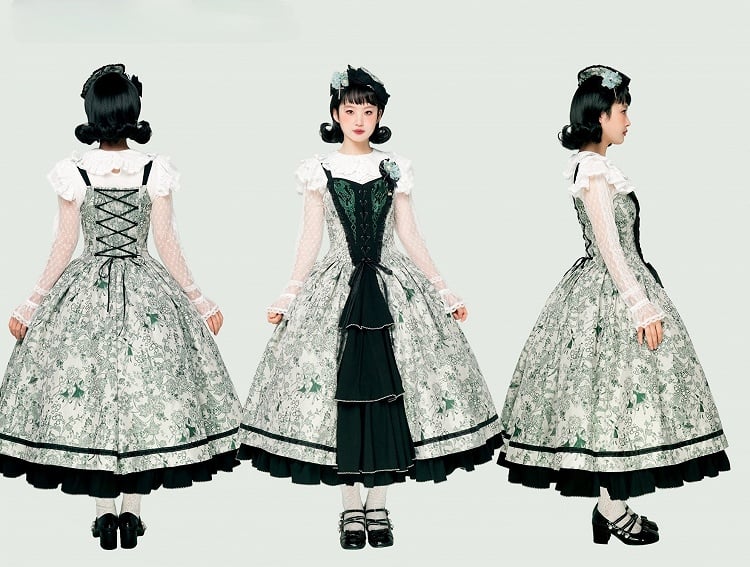 Green Forest Elegant with Print Animals Dress Lolita Bodice and Corset