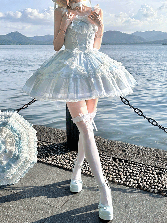 Jumper Detachable Sleeves Skirt Sweet Lolita Dress Flutter with Big Blue Lace-up Bodice High Waist Bow