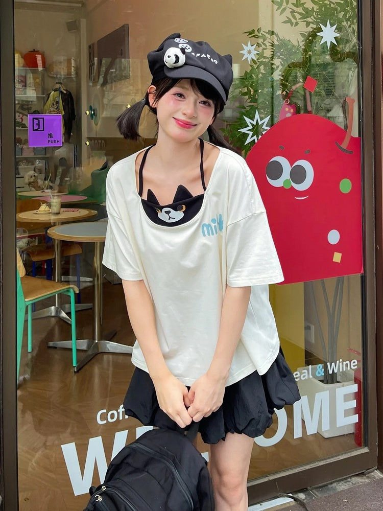 猫Tシャツ フェイクホワイト ホルターネック ツーピース