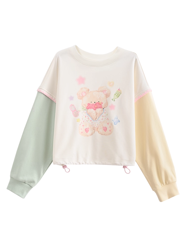 グリーンテディベアプリントドローストリングスウェットシャツ裾イエローデザインカラーブロック秋と