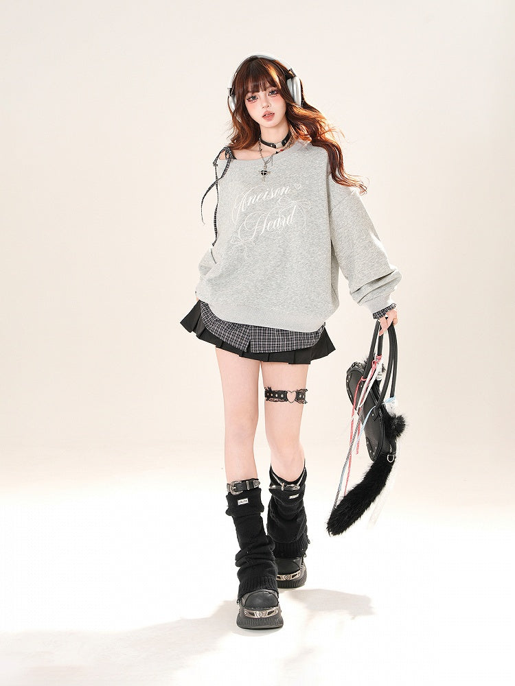 Self-tie Asymmetrical Neckline Plaid Hem Sweatshirt Black/Gray Shoulder Strap