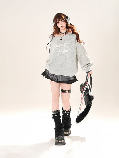 Self-tie Asymmetrical Neckline Plaid Hem Sweatshirt Black/Gray Shoulder Strap