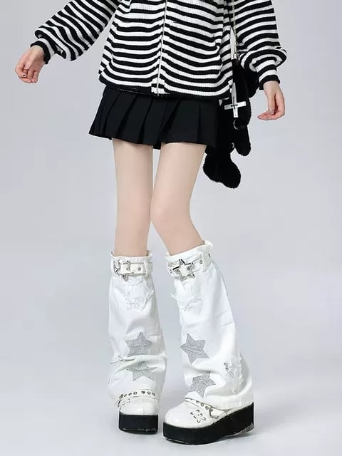 Leather Warmers Buckle Black/White Y2K Pattern Leg Star Design
