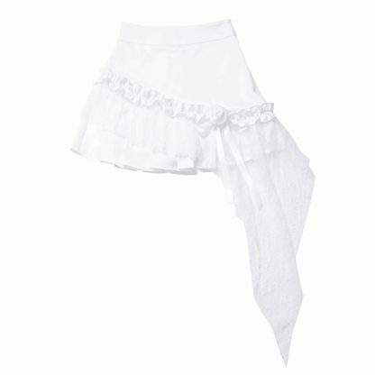 Saum Rosette Verziert Rock Weiß Spitze Patchwork Asymmetrische
