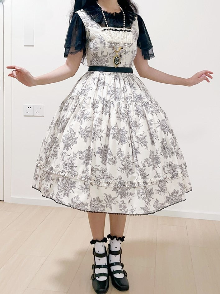 Beige & Black Rosette Print Elegant Classic Lolita JSK Dress with Lace Trim