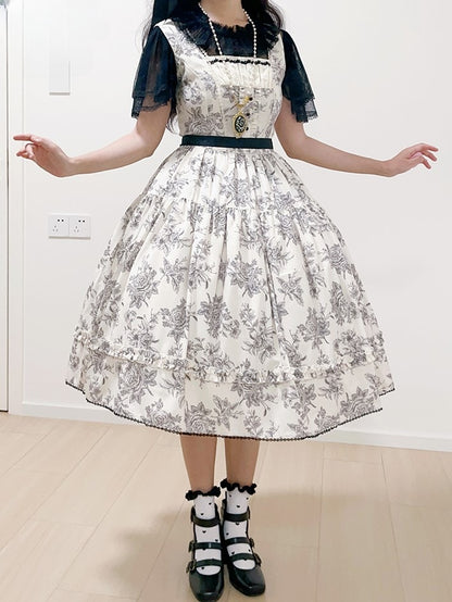 Beige & Black Rosette Print Elegant Classic Lolita JSK Dress with Lace Trim