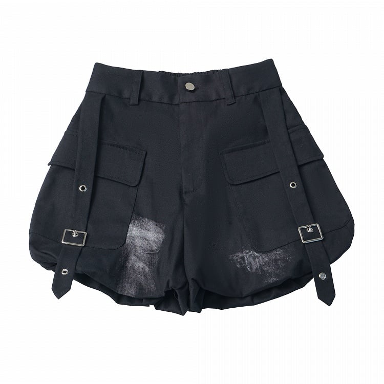 Black Bloom Shorts with Buckle Strap Detail - PINK SAVIOR