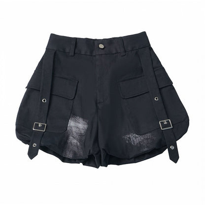 Black Bloom Shorts with Buckle Strap Detail - PINK SAVIOR