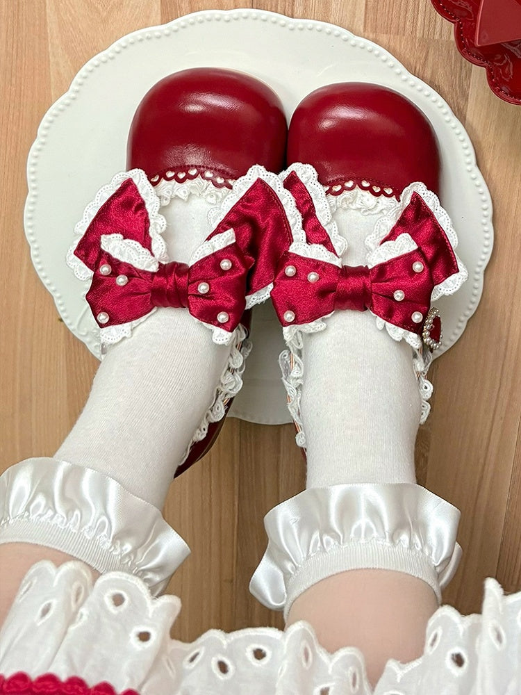 Embellished Bow Sweet Accent Red Leather PU Beads Trim Heels in Lace Mid