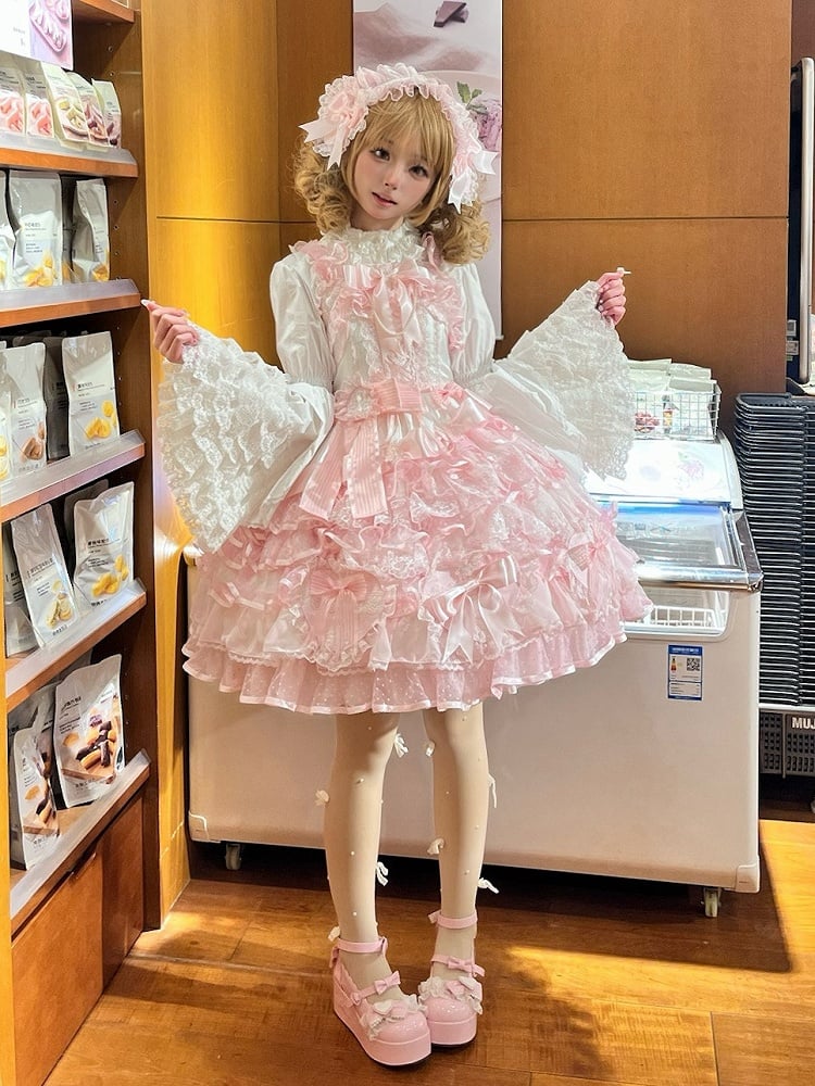 Skirt Dress Heart-shaped Princess Lolita White and Decoration Pink Hanayome Bows Layered Jumper