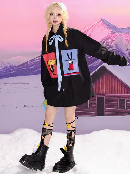 Black Cartoon Animal Appliques Shirt