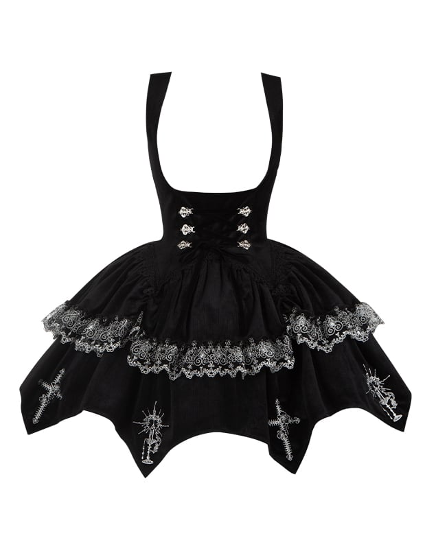 Embroidery Under Boned Lolita Black Waist Gothic Curved Dress Candelabra Bust Hem with