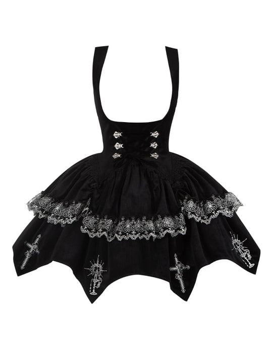 Embroidery Under Boned Lolita Black Waist Gothic Curved Dress Candelabra Bust Hem with