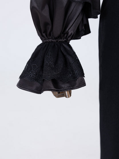 All-Black Ruffled Bodice Shirt with Flounce Trim and Long Sleeves - DevilInspired Exclusive Collection