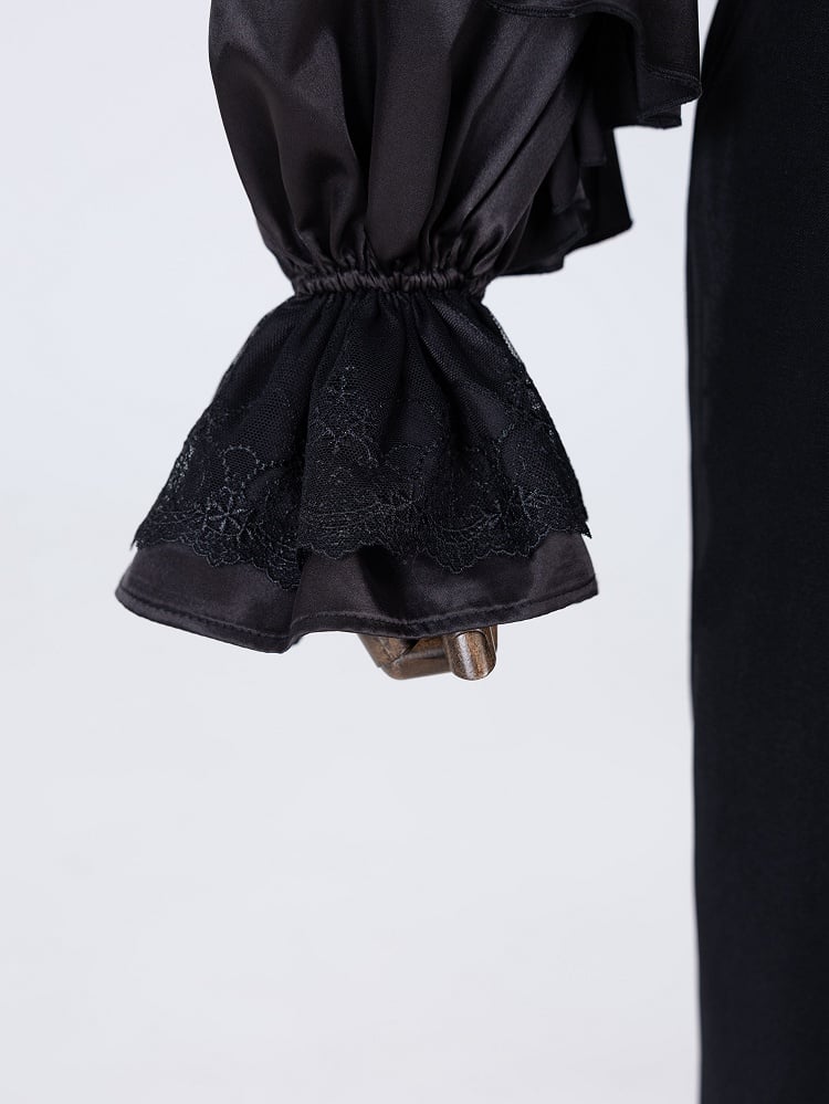All-Black Flounce Trim Shirt with Cascading Ruffles - DevilInspired Exclusive Collection