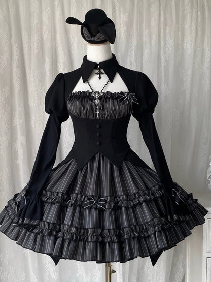 Black and Gray Fake Two-piece Bolero Top Dark Gothic Lolita Striped Dress