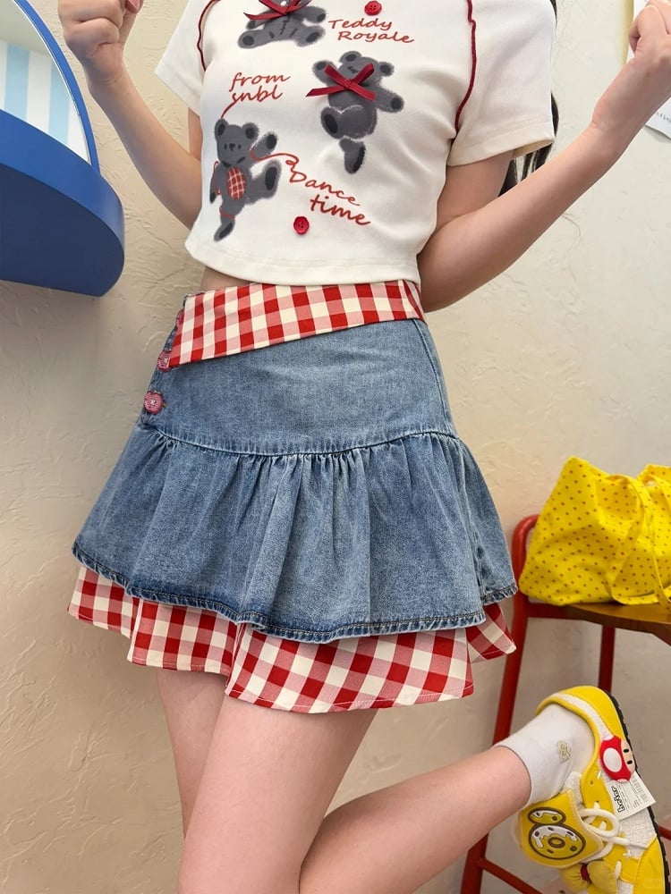 ツーピース ティアードデニムスカート レッドチェックヘム ブルーハイウエストフェイク