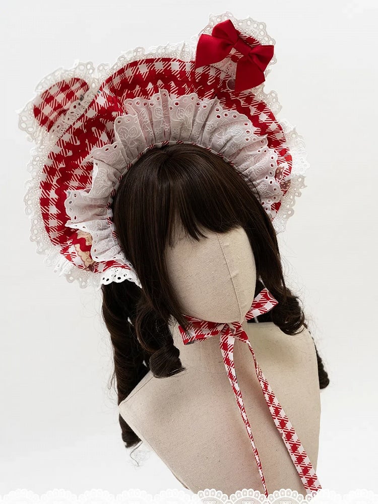 柄 ボンネット ギンガム ブラック グリーン ピンク 赤 耳 / うさぎ