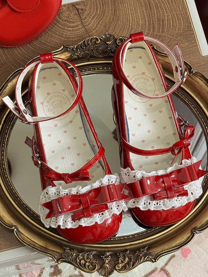 Sweet Low Delicate Leather Lolita Ruffled Heels Fastener Heart Red PU Lace - with