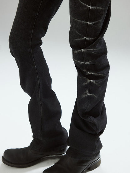 Black Denim Jeans with Stacked Pleats and Zipper Design - Low pixel