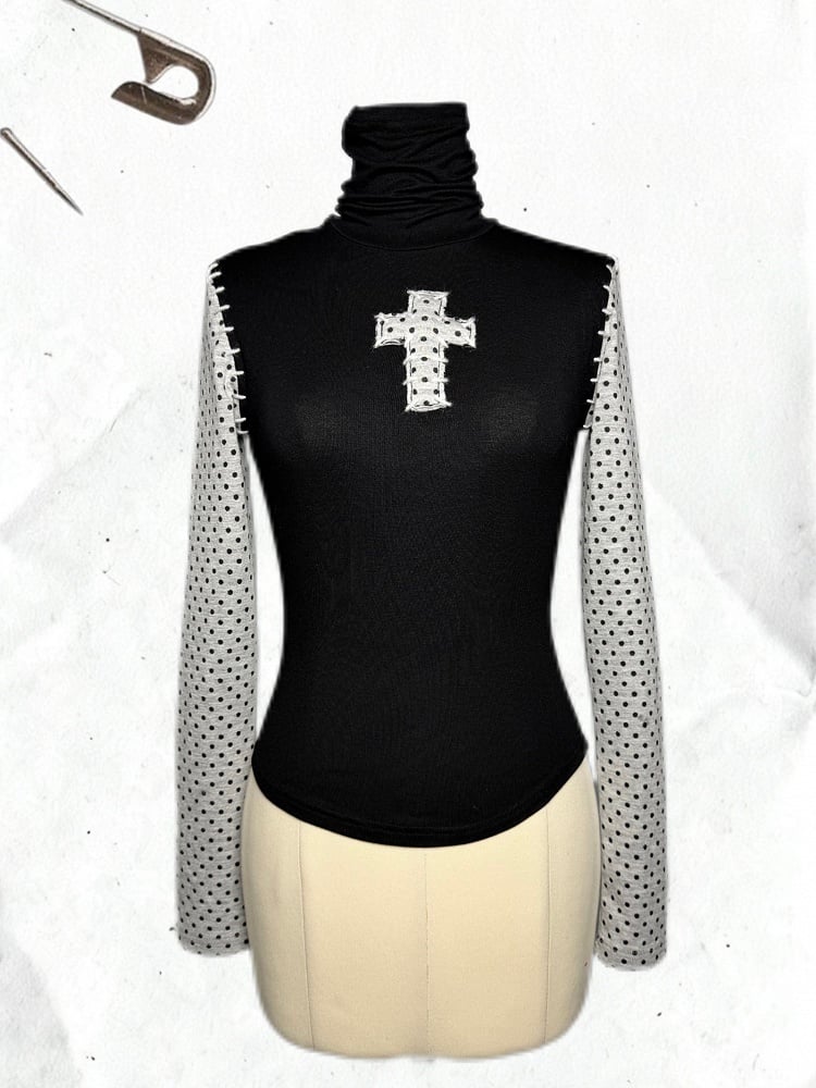 - Neck Polka-dot Pattern High Long Black Top Gothic Sleeve