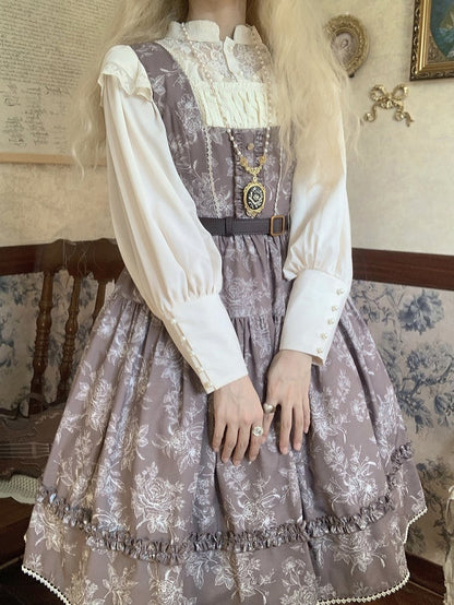Brown & White Rosette Print Elegant Classic Lolita JSK Dress with Lace Trim